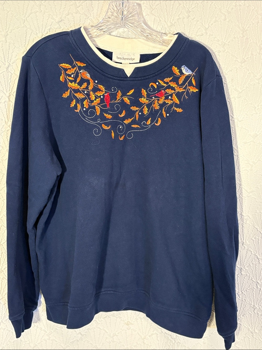 breckenridge Navy Crewneck Sweater with Autumn Bird Embroidery Cabincore Grandma